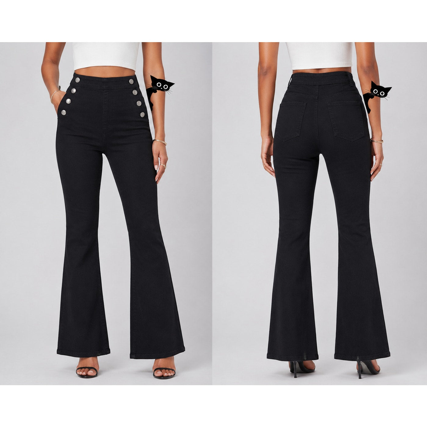 I.N.C. Black Pull On Sailor Button High Rise Back Pockets Flare Jeans 6