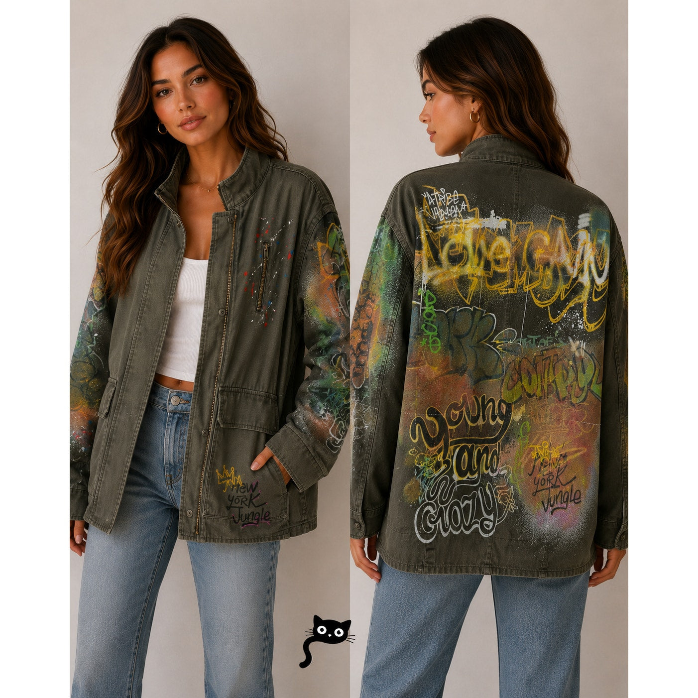 Zara Army Green Grafitti New York Jungle Oversize Zip Utility Jacket 100% Cotton