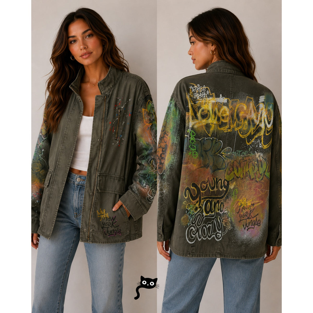 Zara Army Green Grafitti New York Jungle Oversize Zip Utility Jacket 100% Cotton
