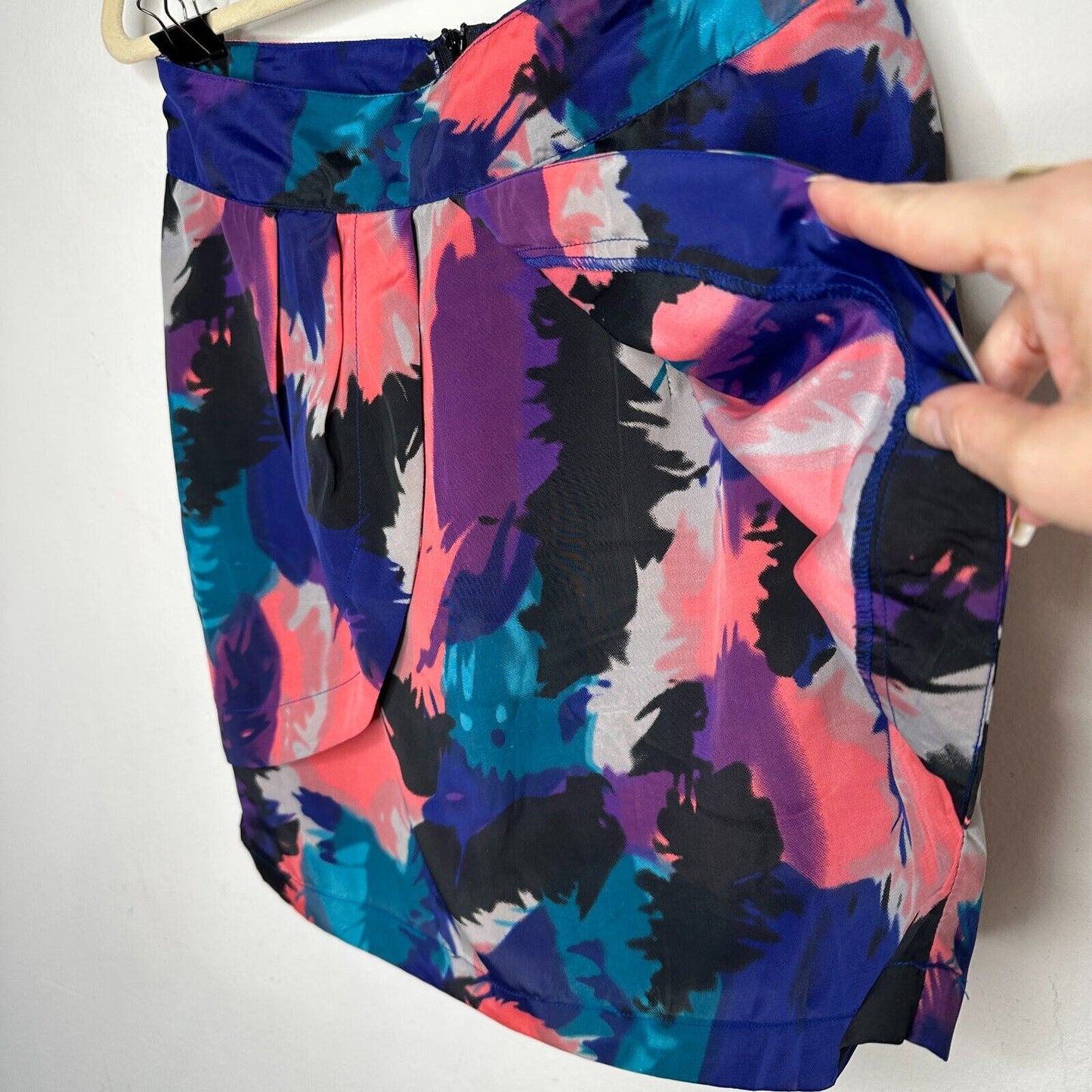 Delicia Satin Purple Pink Blue Geometric Light Side Tulip Zip Back Skirt S