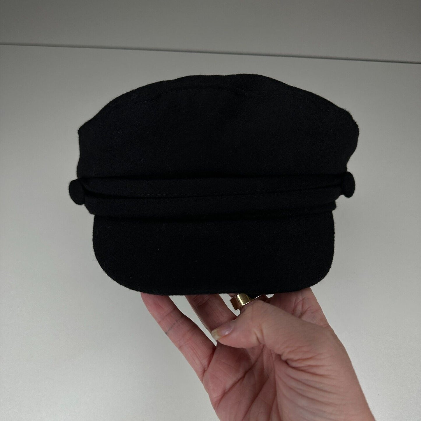 Chic Black Suede Newsboy Style Curved Peak Flat Cap Brim with Side Button Detail