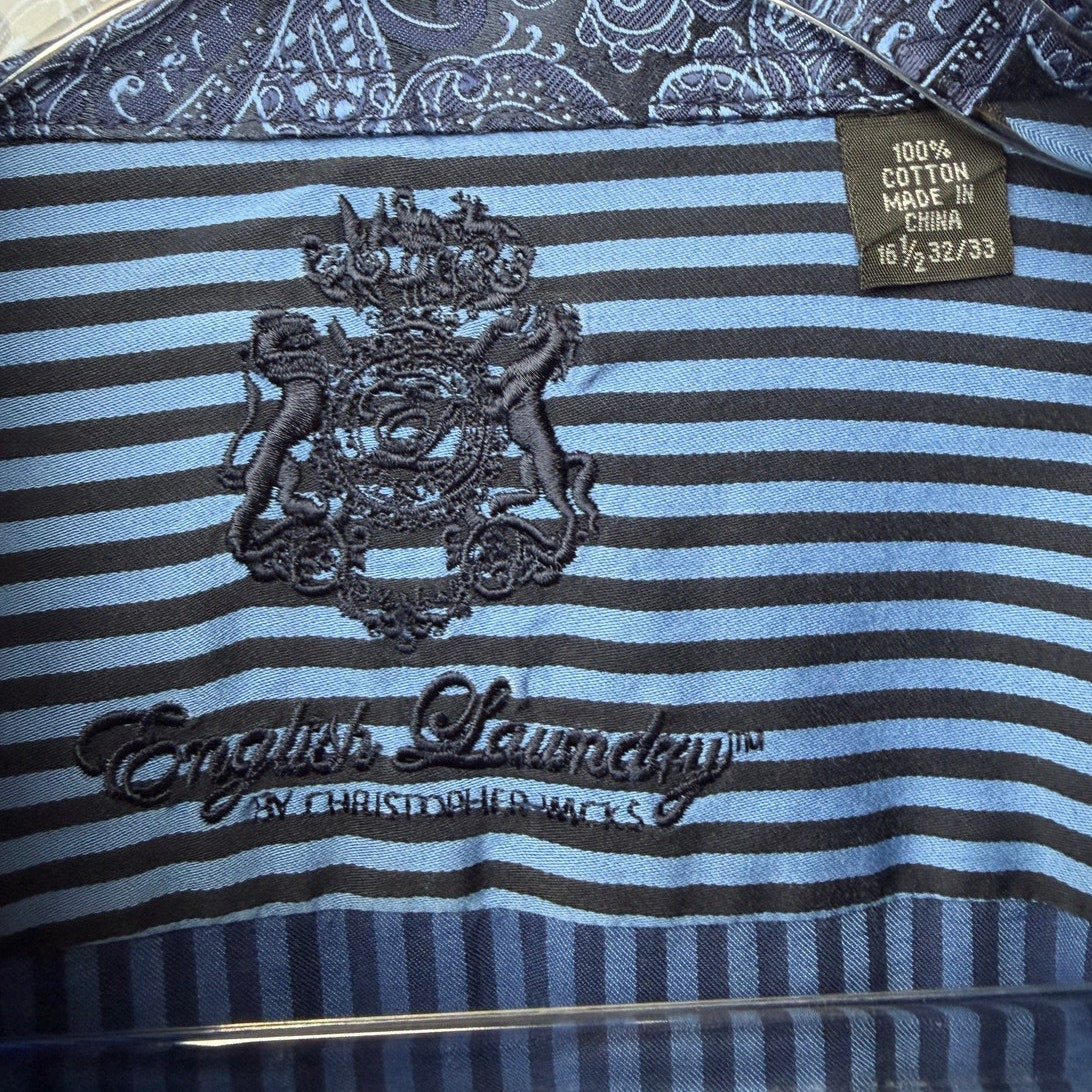 English Laundry Blue Black Stripe Button Front Shirt Mens L