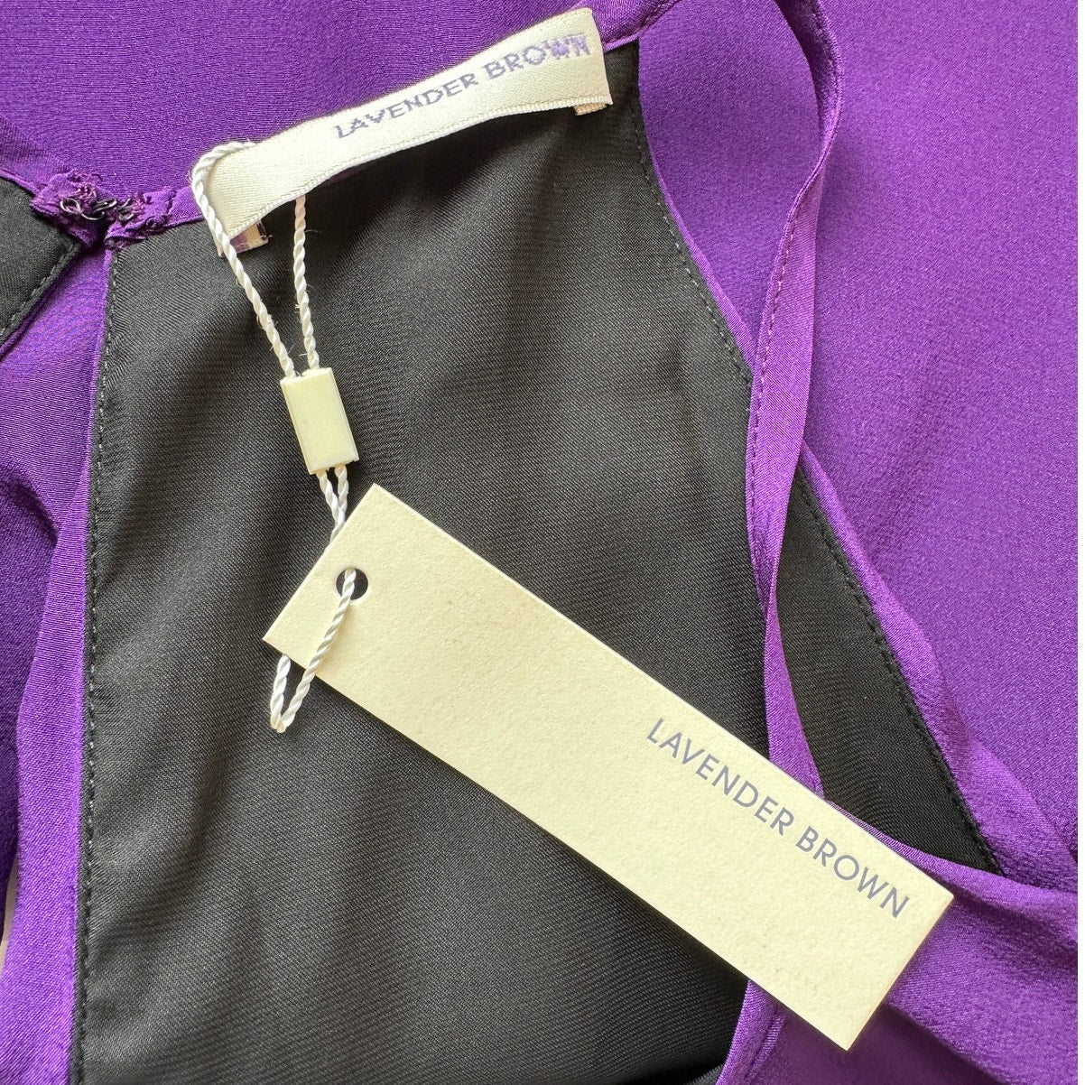 NWT Lavender Brown Purple Silk Front Pleat High Neck Keyhole Back Top L