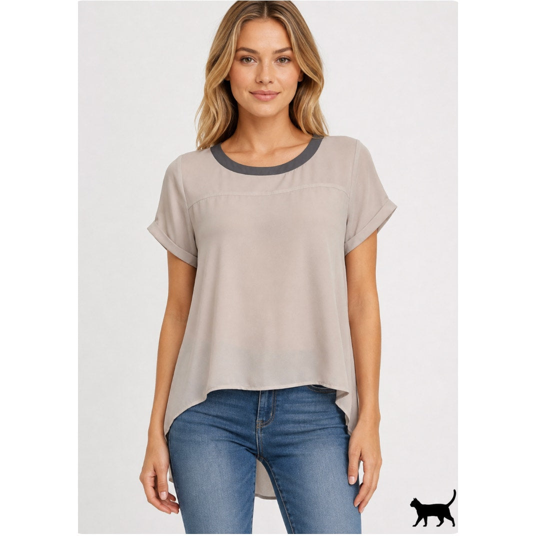Loft Pinky Beige & Gray Collar Top Gathered Back Detail Cuffed Short Sleeves XSP