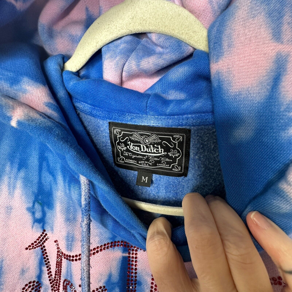 Von Dutch SET Blue Pink Tie Dye Red Rhinestone Logo Oversize Hoodie & Pants