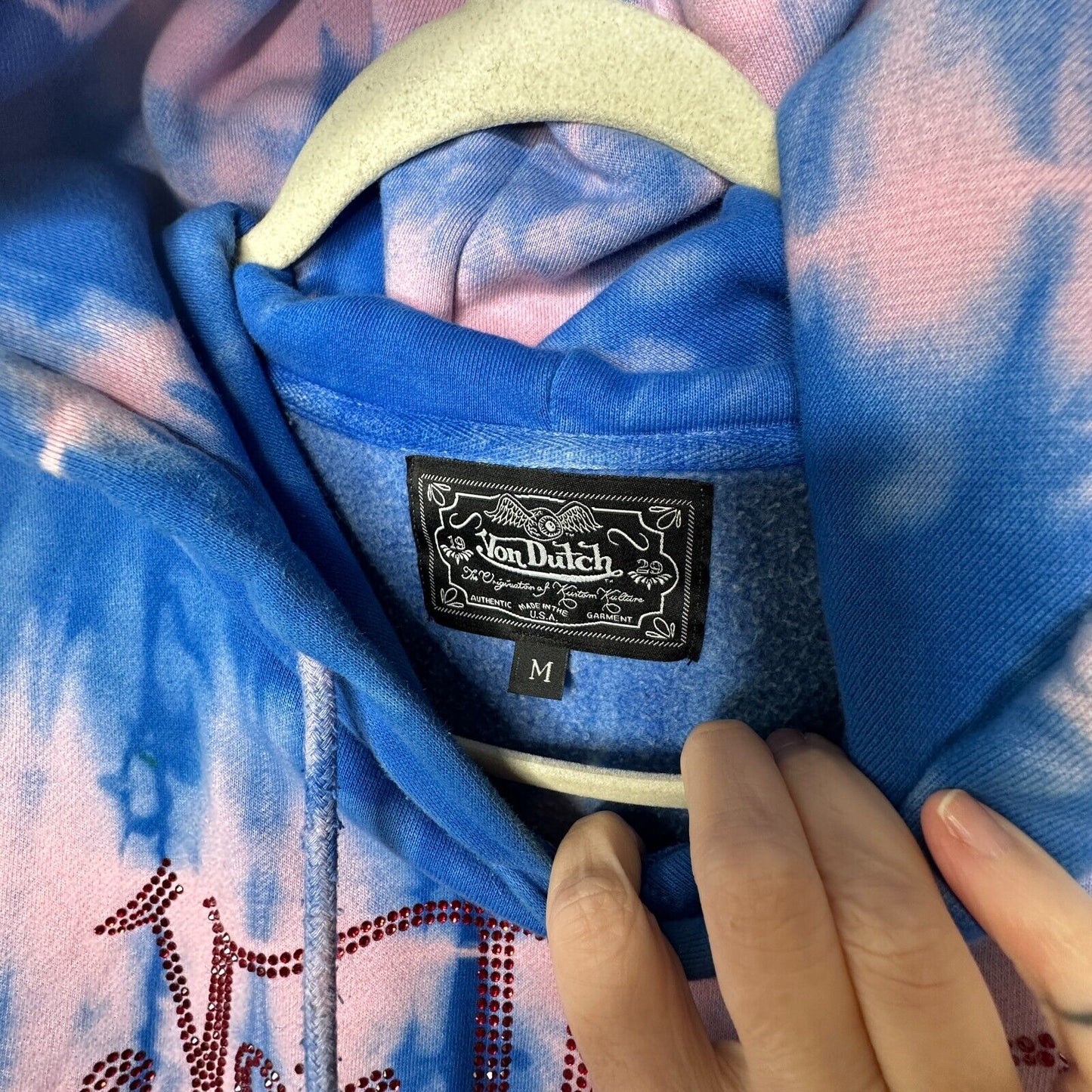 Von Dutch SET Blue Pink Tie Dye Red Rhinestone Logo Oversize Hoodie & Pants