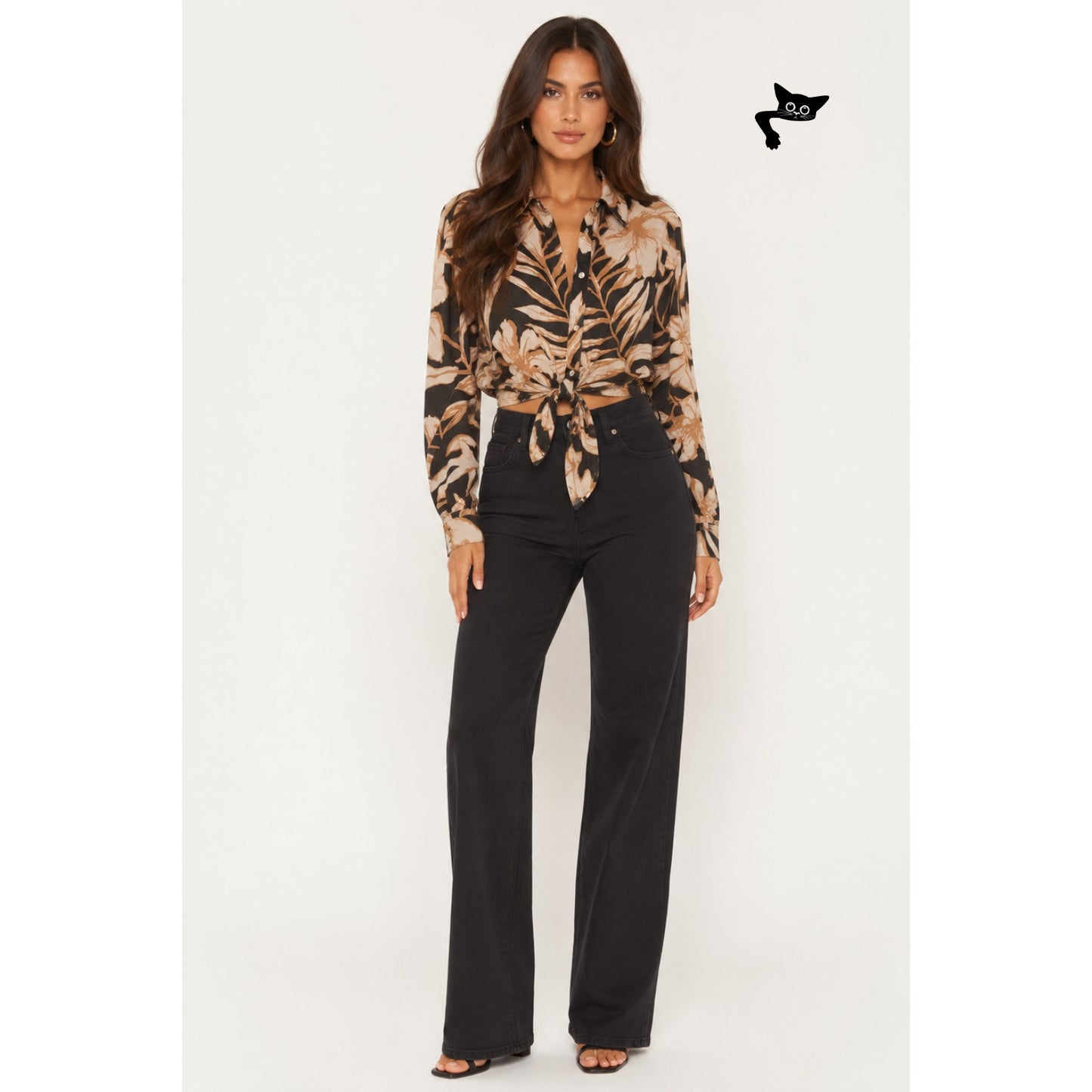 Rachel Zoe Black Tan Floral Tie Front Shirt Womens M
