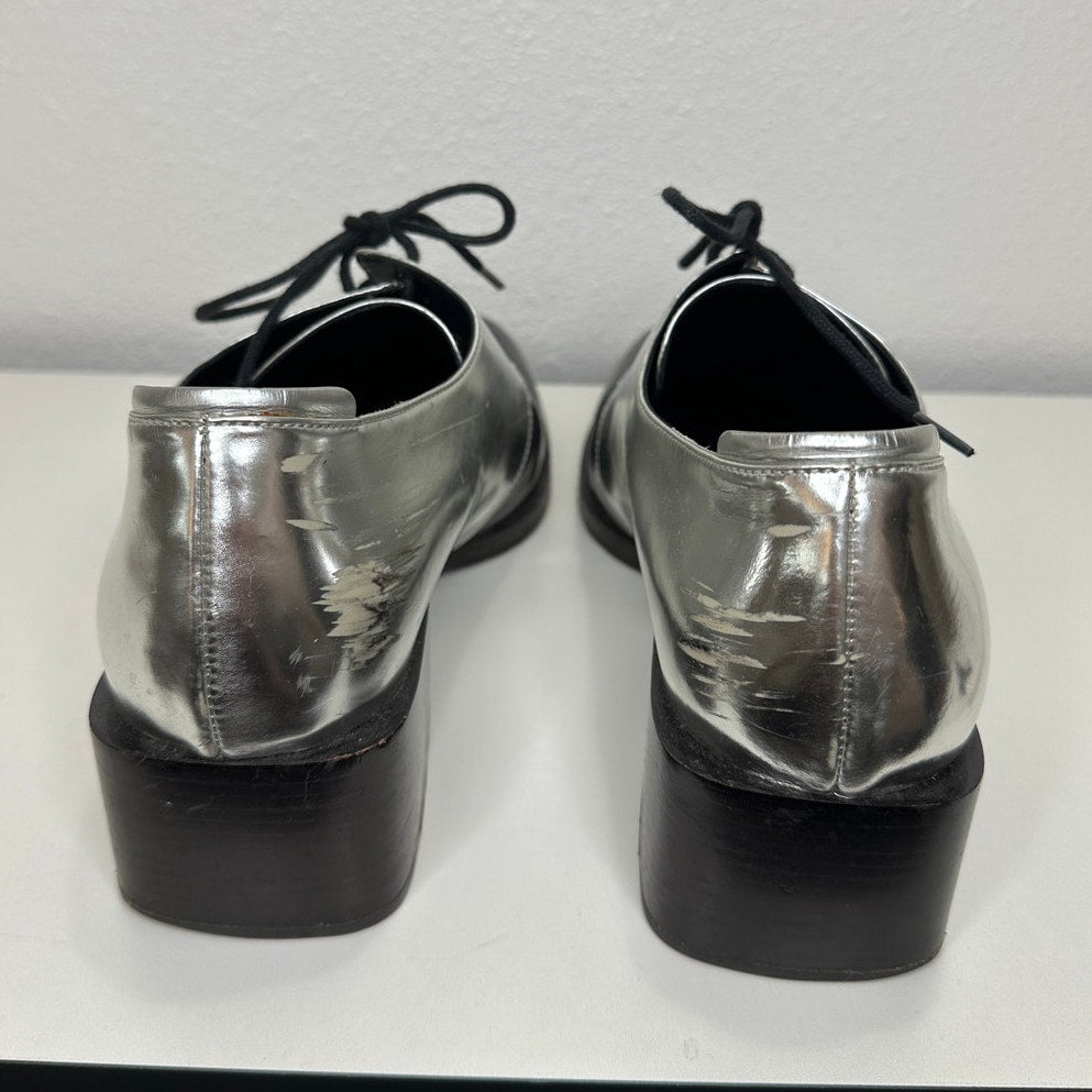 3.1 Phillip Lim Jillian Metallic Silver Shiny Black Oxford Tie Shoe 38 / 7.5