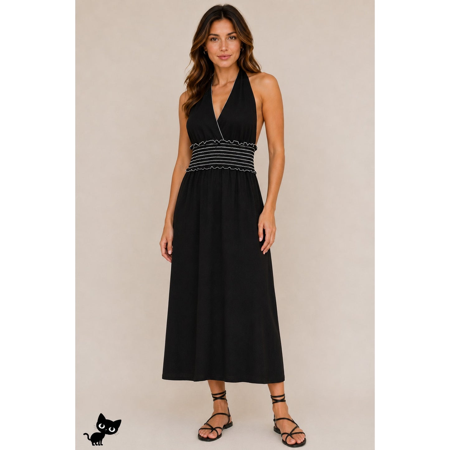 Studio M Black Halter Style Open Back White Smocked Sleeveless Dress S
