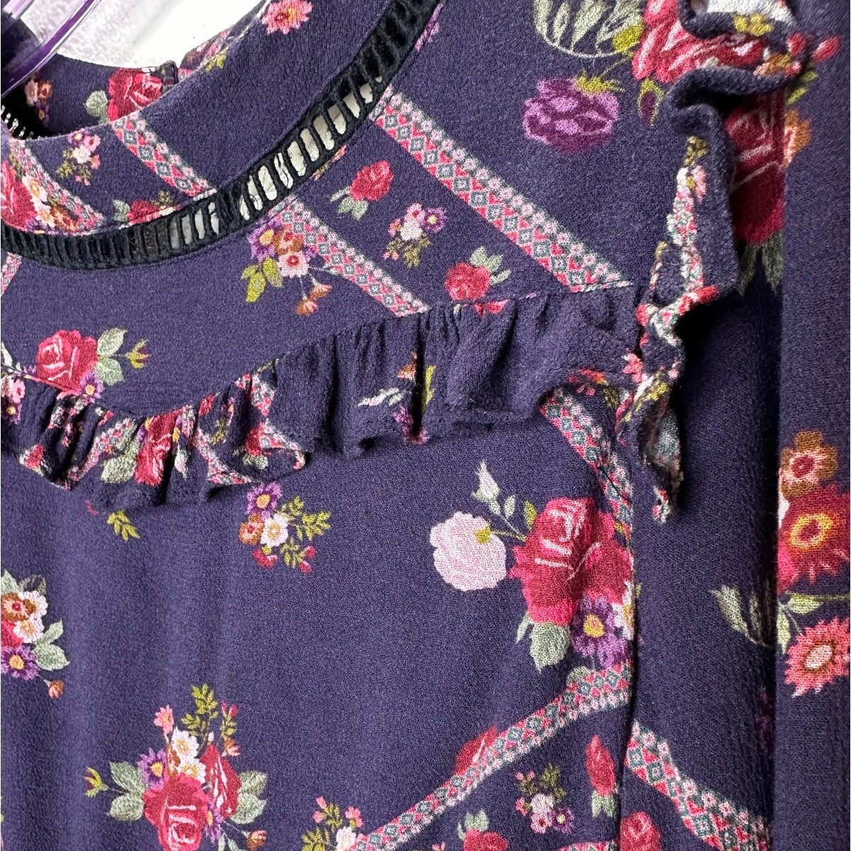 Rahi Cali Purple Multi Color Floral Print 3/4 Sleeve Ruffle Mini Dress XS