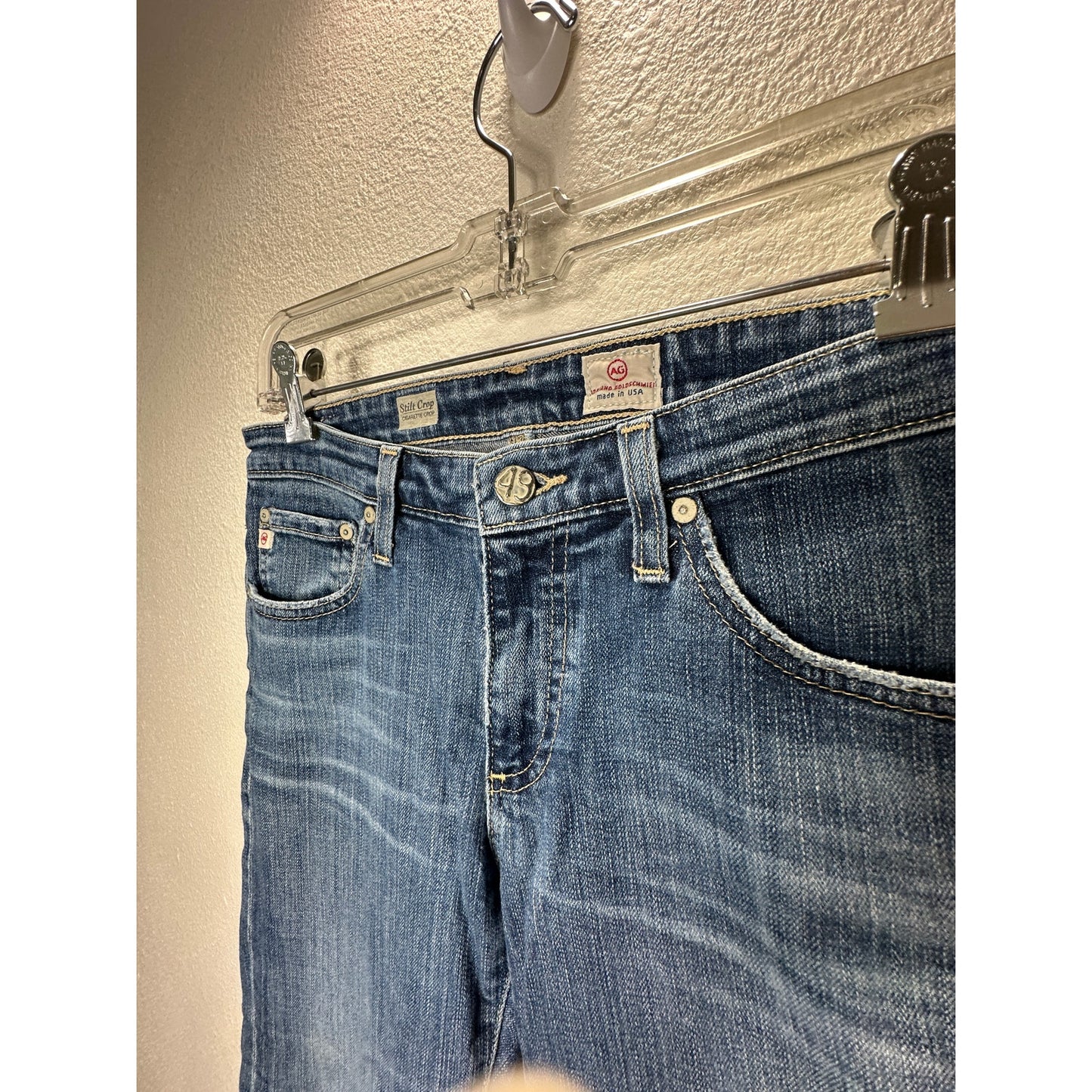 AG Medium Wash Whiskered Raw Hem Stilt Crop Cigarette Crop Jean 29