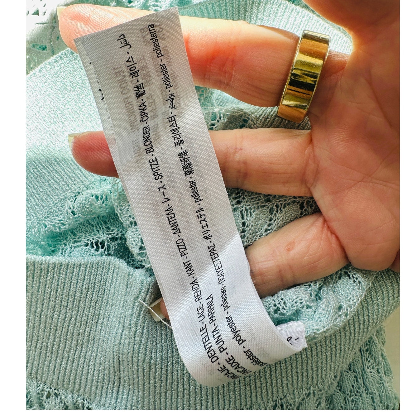 ZARA Aqua Crochet Knit White Lace Stripe Ruffle Neck  Crop Sweater S