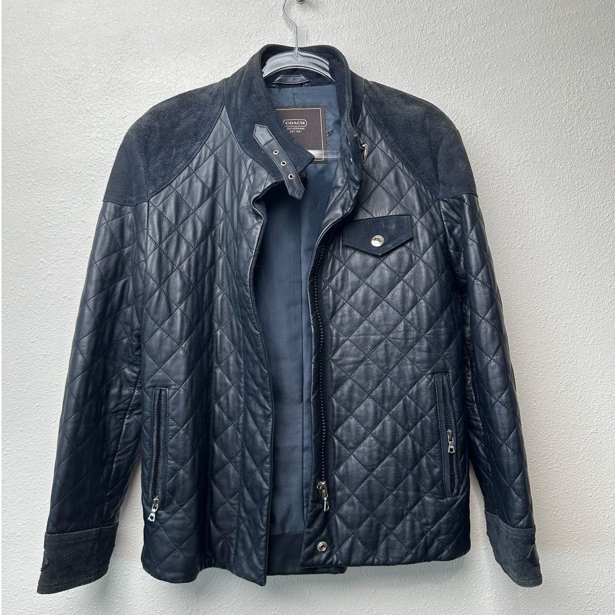 Coach Quilted Leather Jacket Black Women M Suede Trim