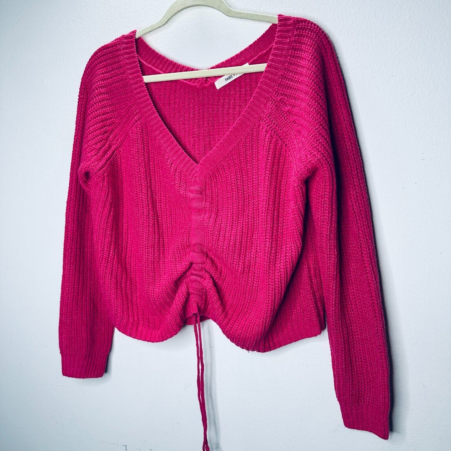 Paris & Me Pink Oversized Wide VNeck Long Sleeve Front Adjustable Ruched Sweater