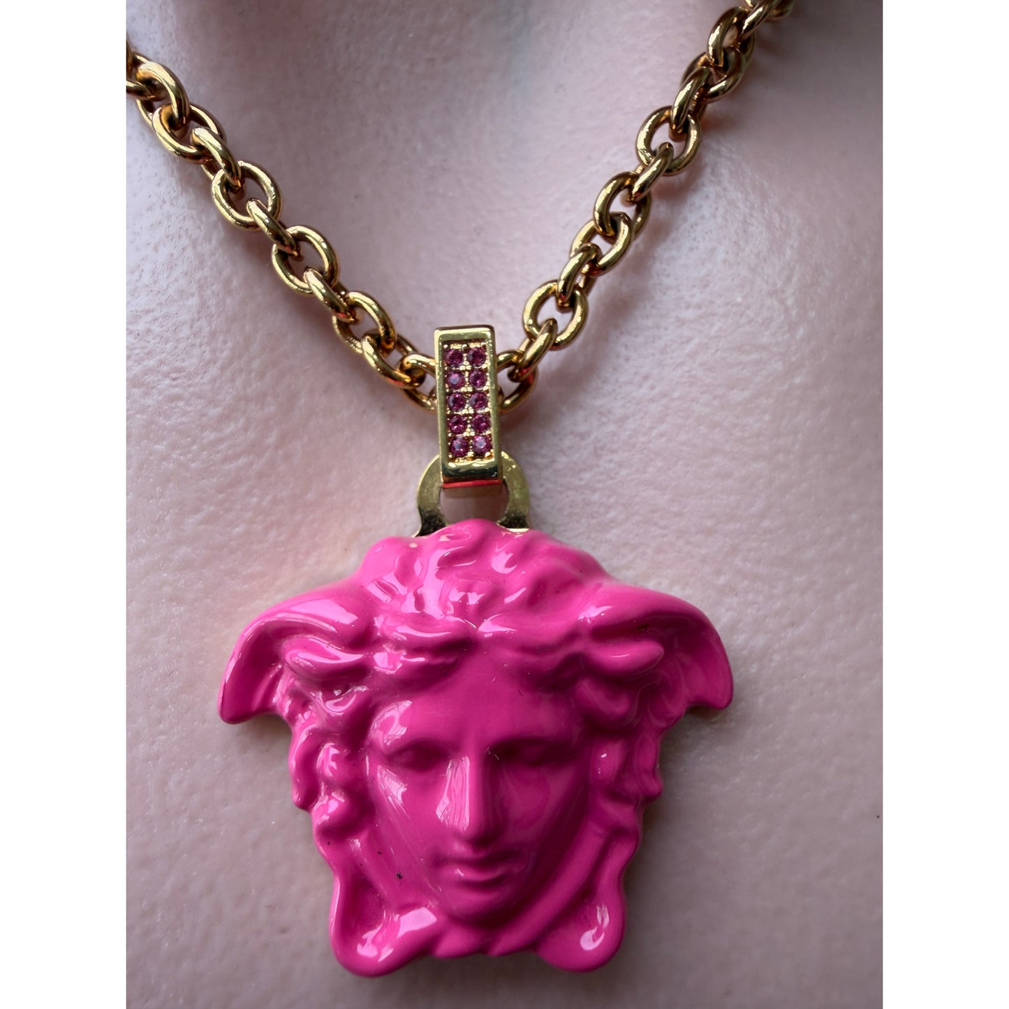 Versace Medusa Pink Resin Gold Tone Pendant Necklace