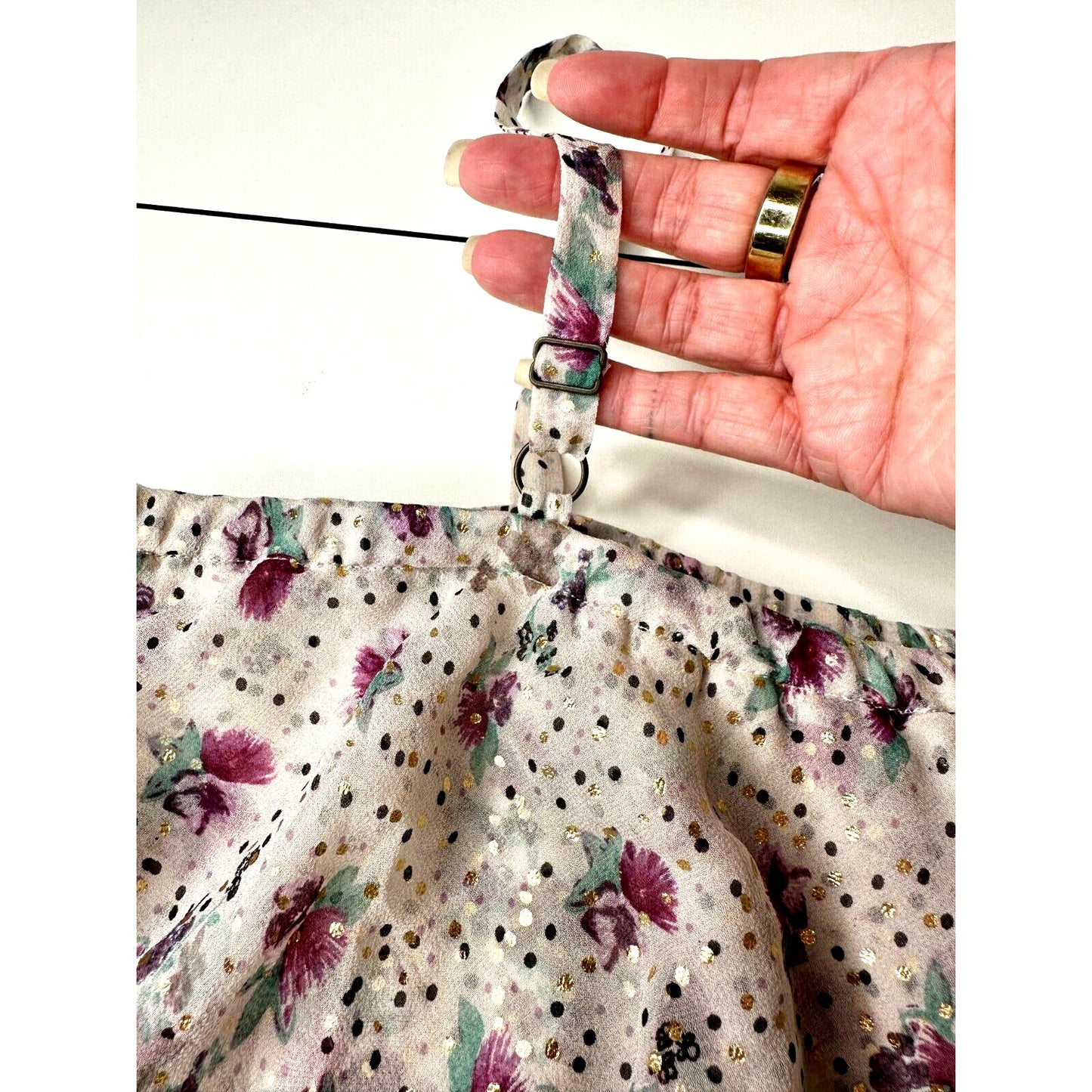 NWT Ella Moss White Purple Gold Metallic Dot Spaghetti Strap Ruffle Top L