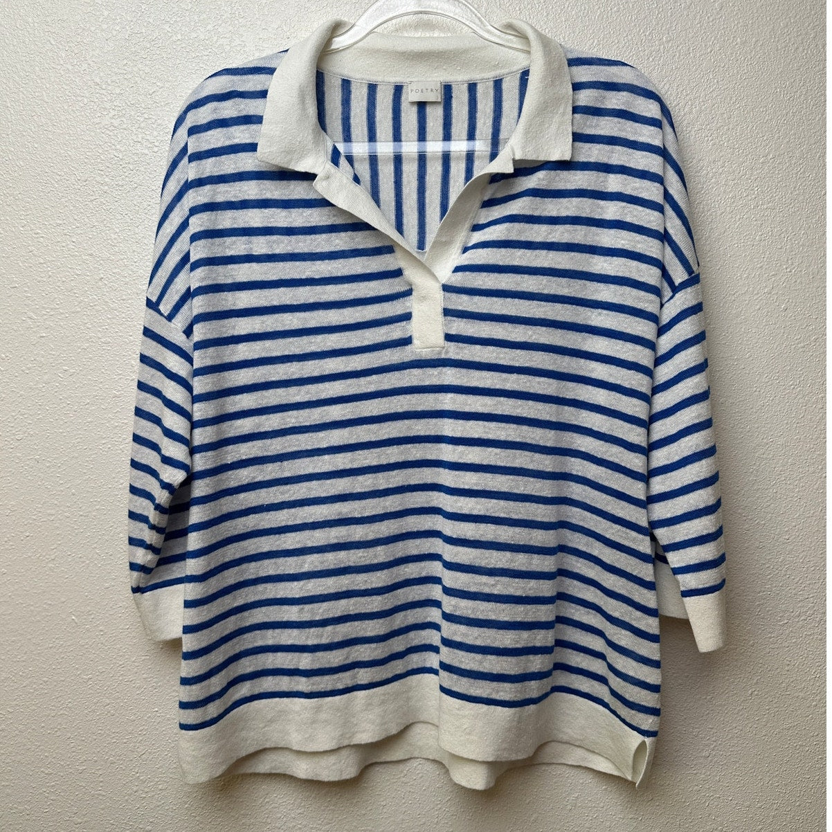 Poetry Ivory Blue Striped Linen Knit Collared V-Neck Boxy Sweater US 12