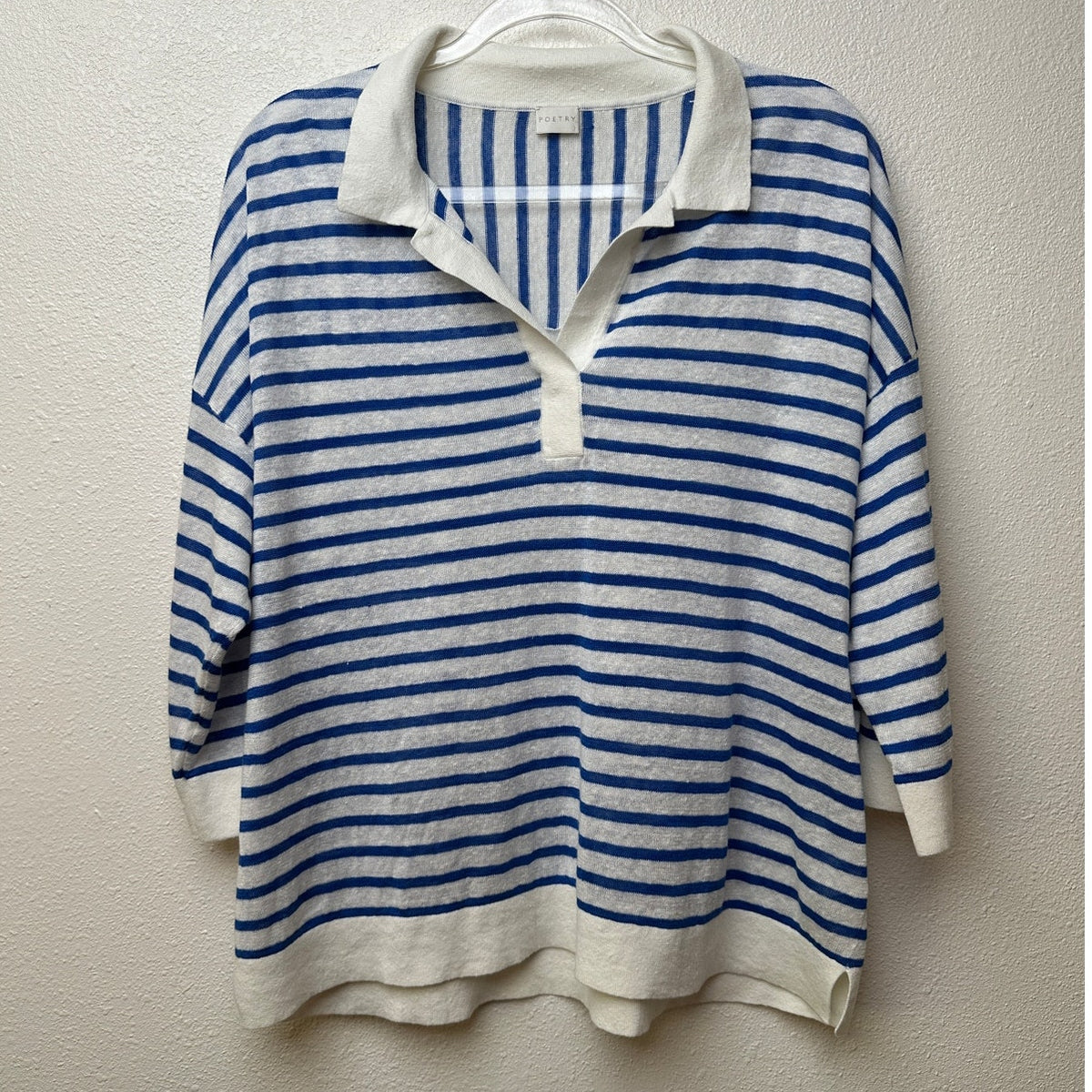 Poetry Ivory Blue Striped Linen Knit Collared V-Neck Boxy Sweater US 12
