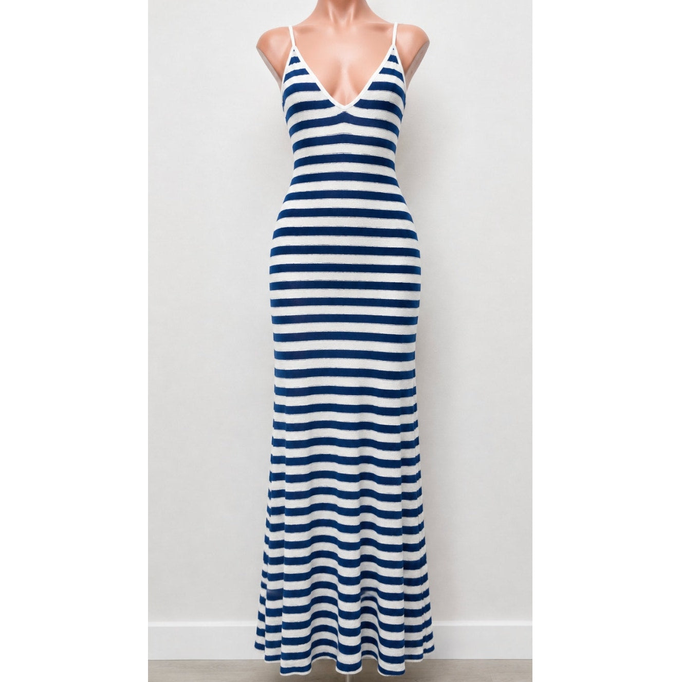 MNG White & Blue Striped Fine Knit V-Neck Thin Straps Maxi Stretch Dress XXS