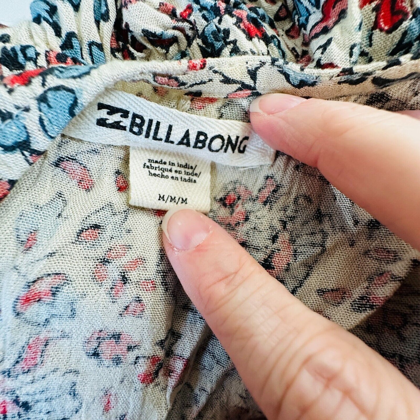 Billabong Cream Dusty Blue & Red Faux Wrap Deep-V Ruffle Hem Sleeveless Romper M