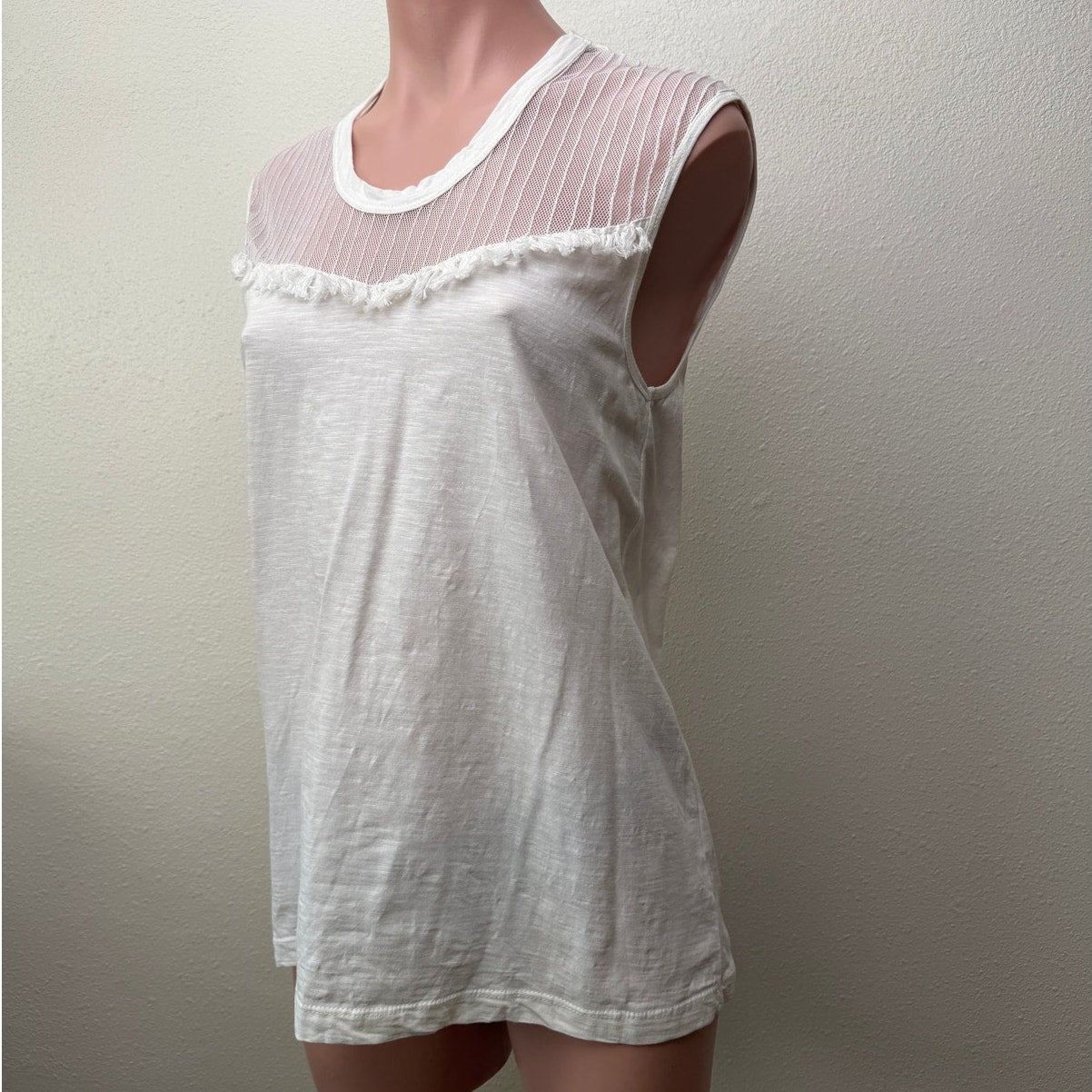 Pepin White Sheer Mesh Tassel Sleeveless Top Scoop Neck Linen Blend