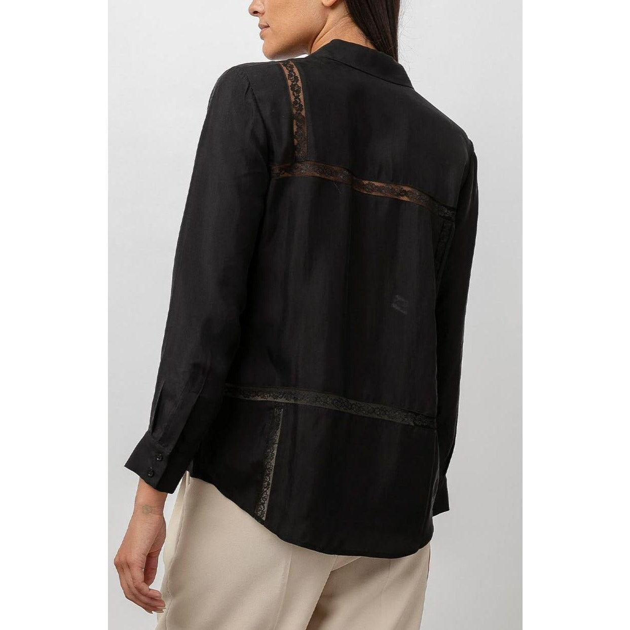 Rails Mona in Black Crepe Lace Long Sleeve Button Collared Shirt L