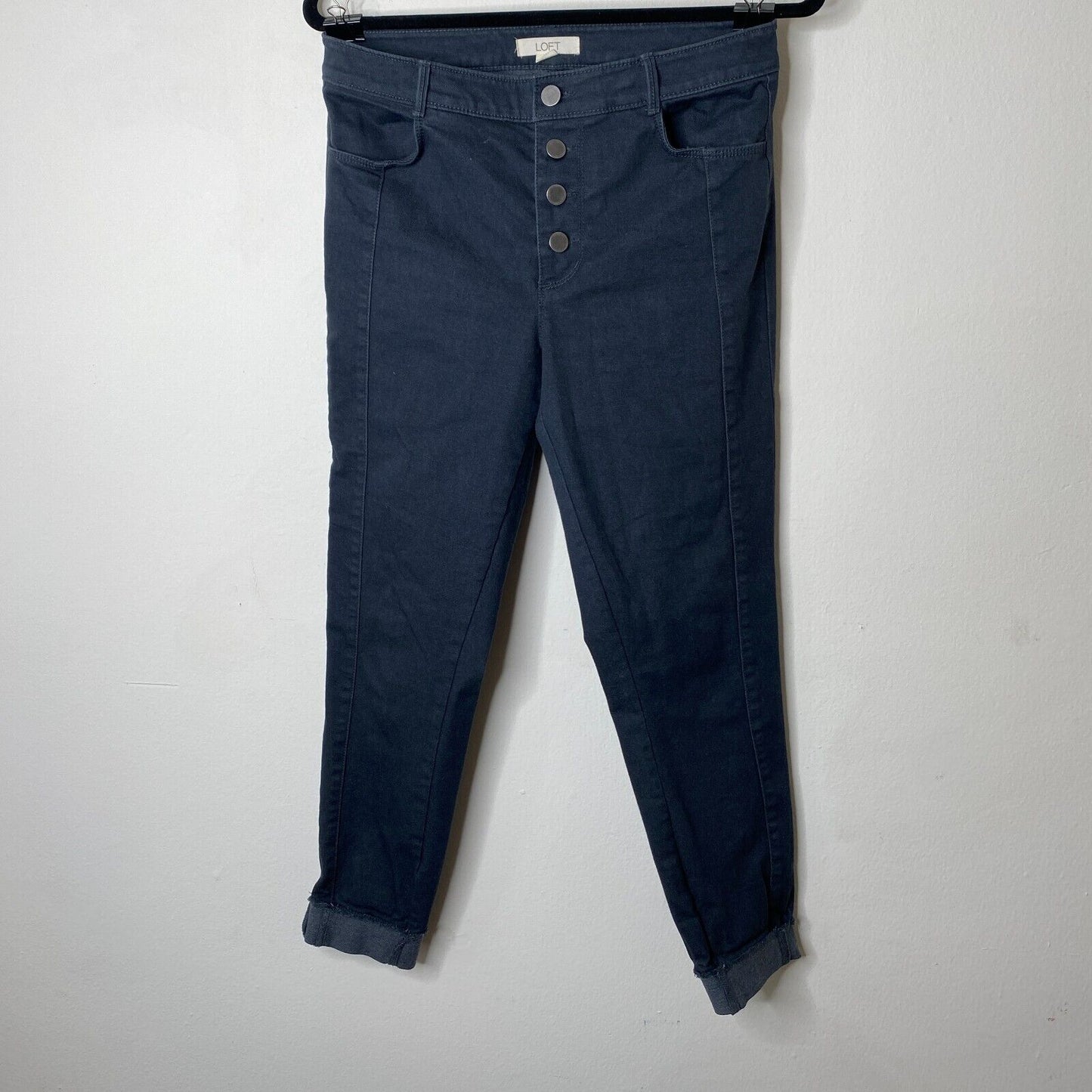 Loft Dark Gray Button Front Fly Skinny Pants Crop Raw Hem Stretchy Jeans Size 4
