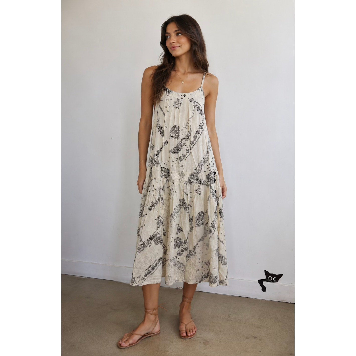 Anthro Cream Black Scarf Print Ruffle Spaghetti Strap Pleated Flowy Dress Med