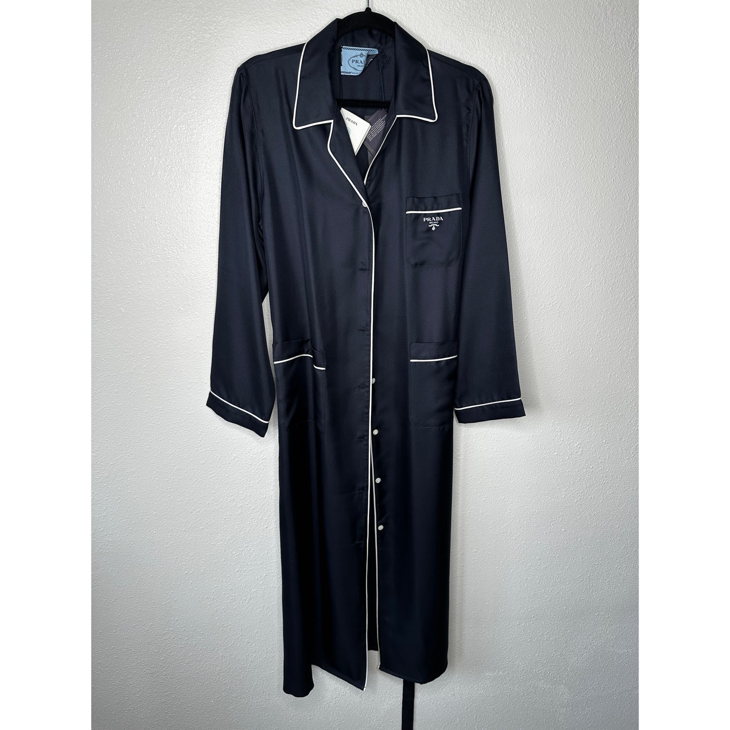 NWT Prada Bleu Black Twill White Trim Long Line Belted Robe Dress 44 / M