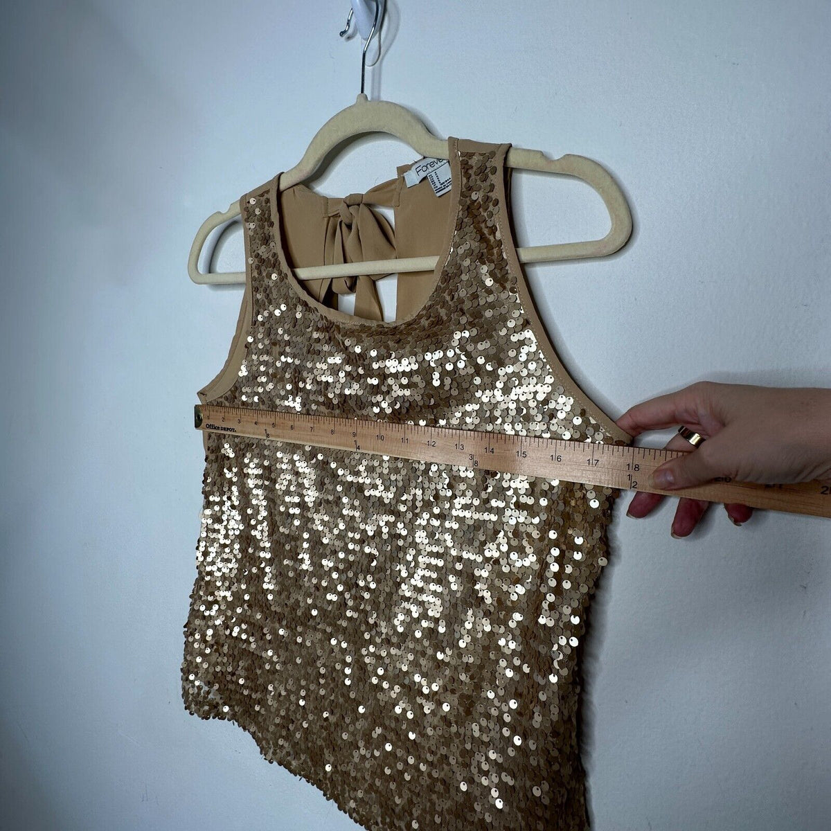 Night Out Copper Metallic Gold Sequin Sleeveless Open Back Tie Tank Blouse S
