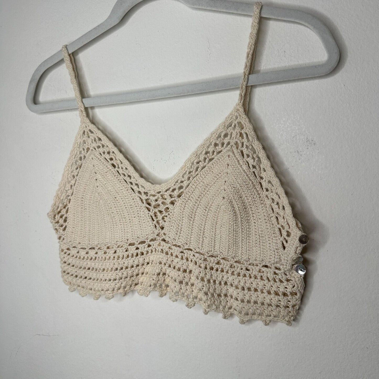 Urban Outfitters Cream Tan Crochet Spaghetti Strap Bralette Side Buttons Medium