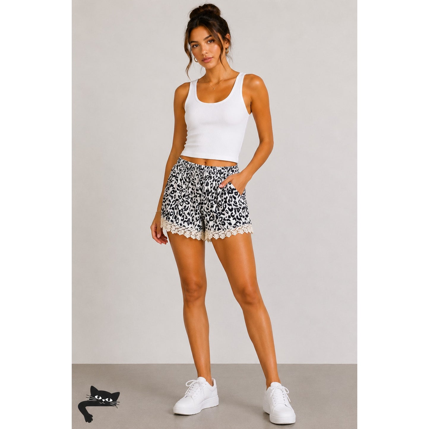 Raga Ivory and Black Leopard Cheetah Print Cream Lace Trim Comfy Short Shorts L