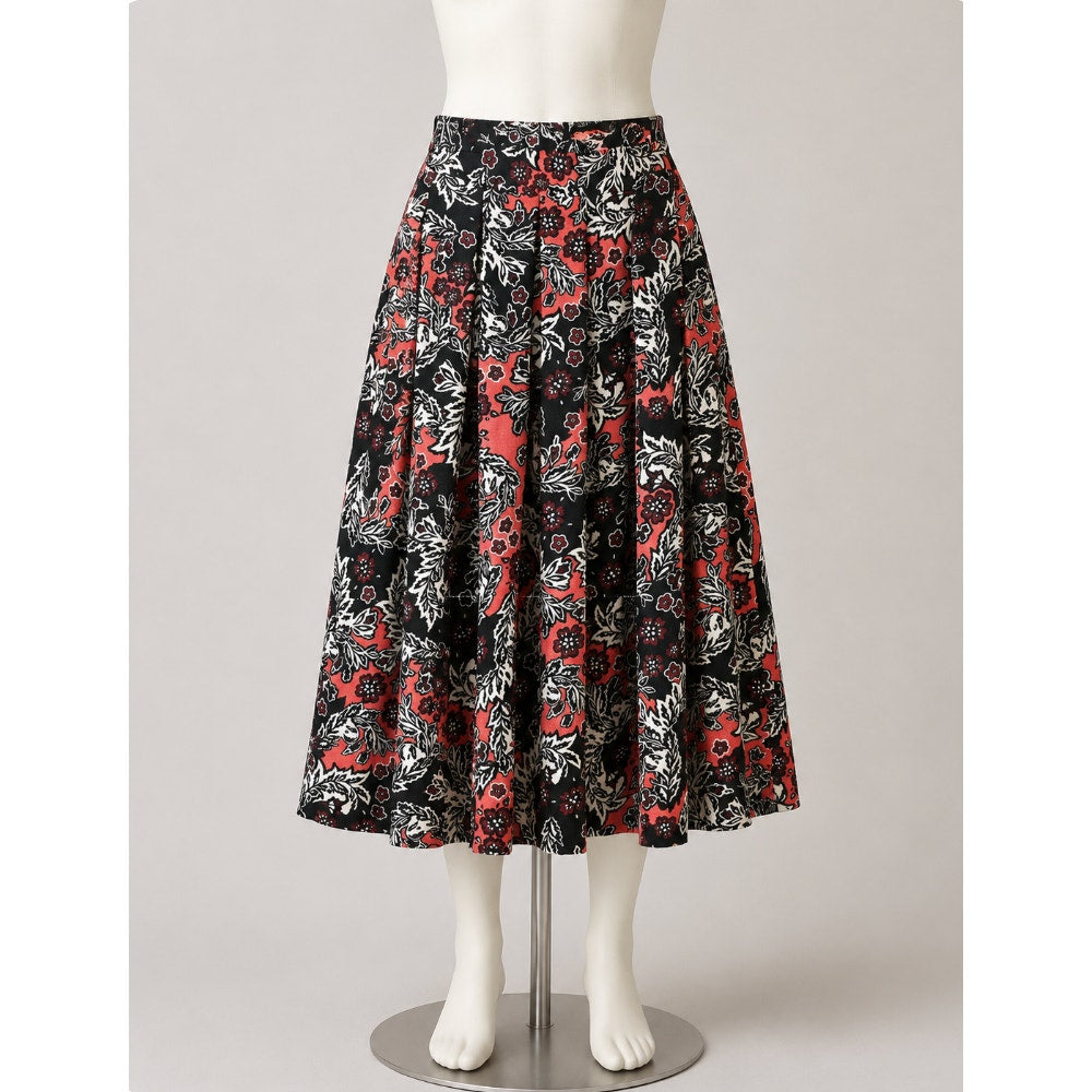 NWT H&M Flare Floral Print Peach Black & White Pleated Midi-Skirt Pockets 2
