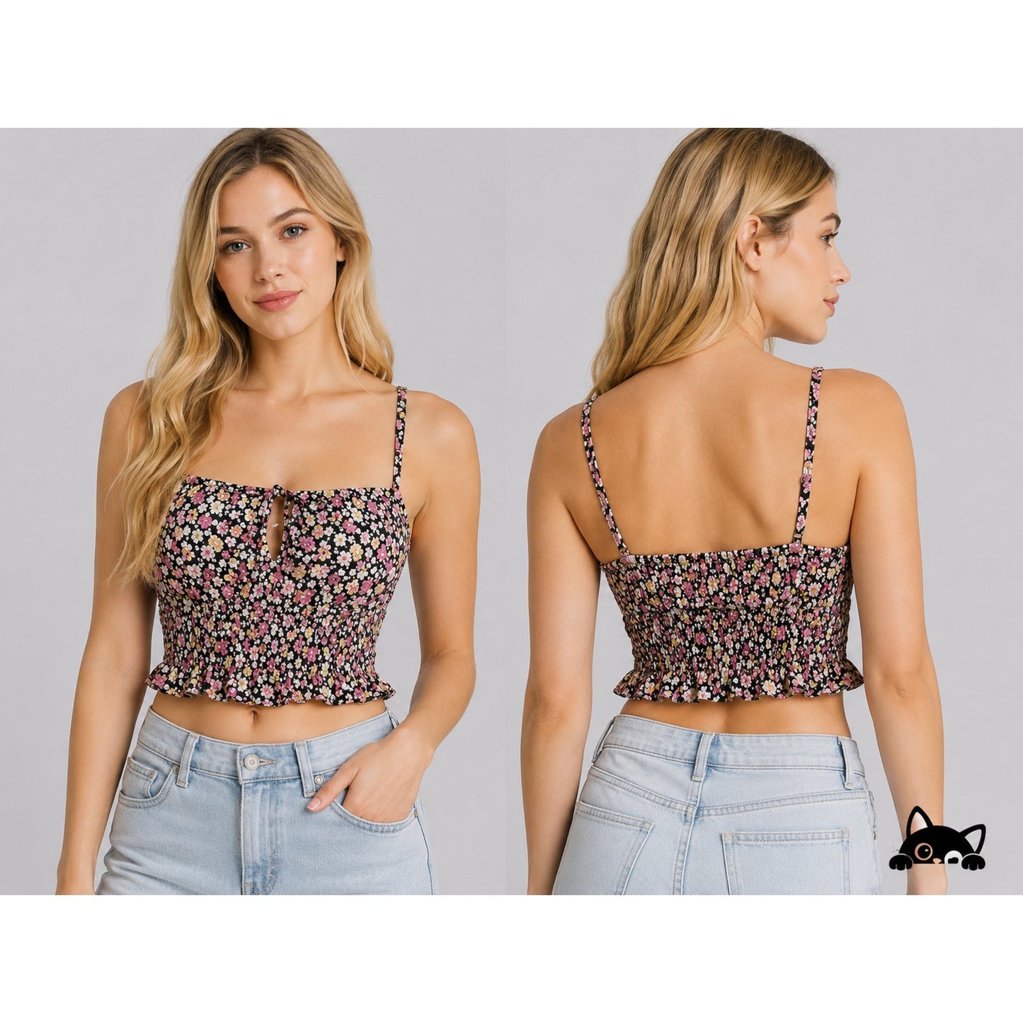 Wild Fable Black Pink Yellow Floral Keyhole Front Ruche Ruffle Crop Top Small