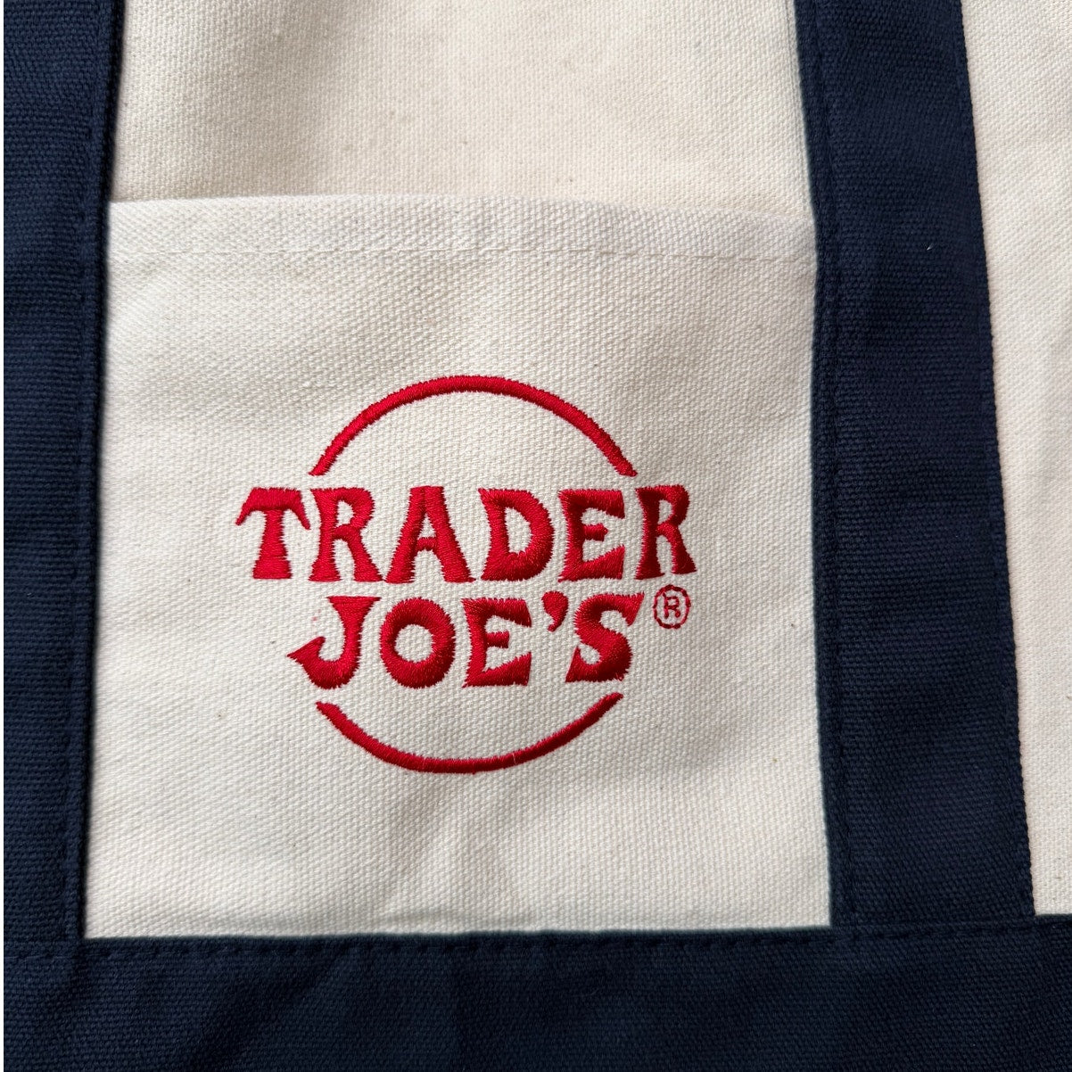 NWT Trader Joe’s Mini Canvas Tote Bag Navy Cream Red Logo Grocery Shopper