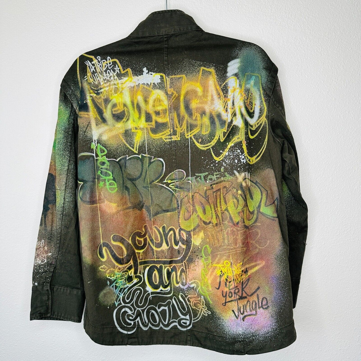 Zara Army Green Grafitti New York Jungle Oversize Zip Utility Jacket 100% Cotton