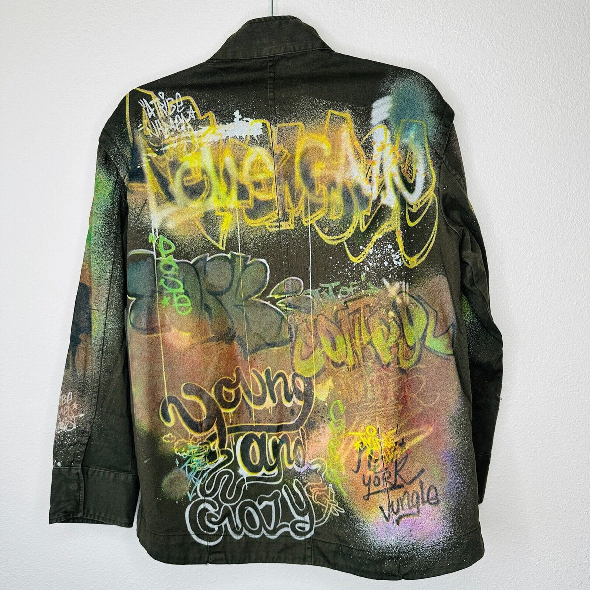 Zara Army Green Grafitti New York Jungle Oversize Zip Utility Jacket 100% Cotton