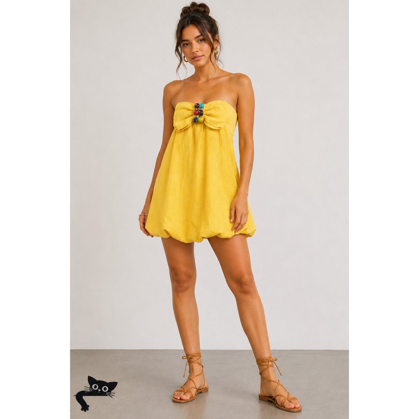 Yellow Linen Sleeveless Blouson Blouse Mini Dress Bead Bow Tie Front S