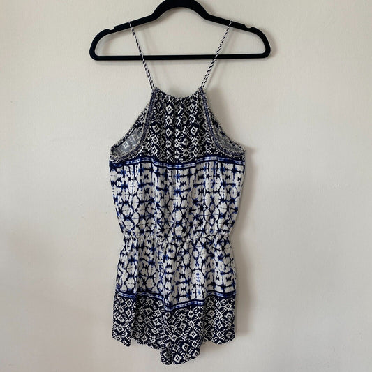 BB Dakota Beale Blue White Aztec Tie Dye Halter Tassel Tie Romper Pockets Small
