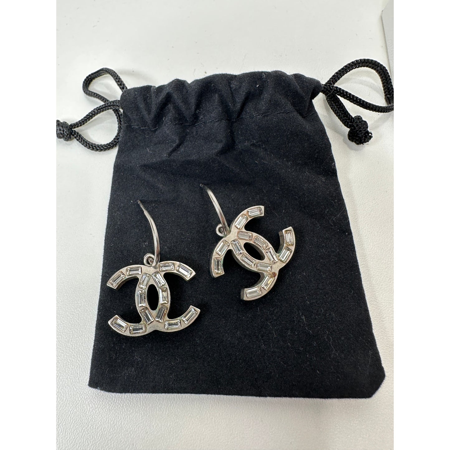 Chanel Baguette Stone Logo Silver Earrings Boucles Oreille Crystal