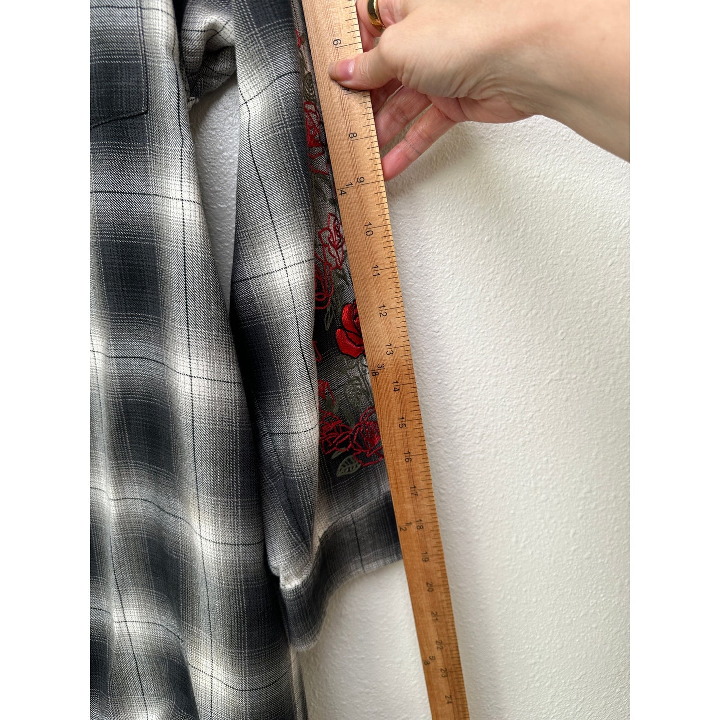 Adaptation Rose Embroidered Plaid Longline Shirt Dress Black White M