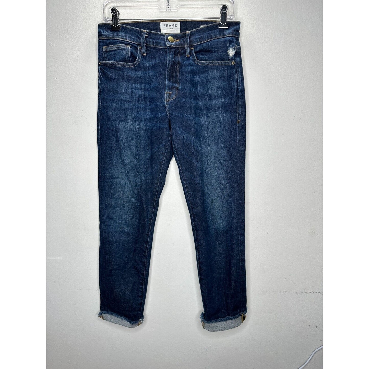 Frame Denim Le Boy Pondview Cropped Frayed Hem Straight Leg Jean Dark Wash 27