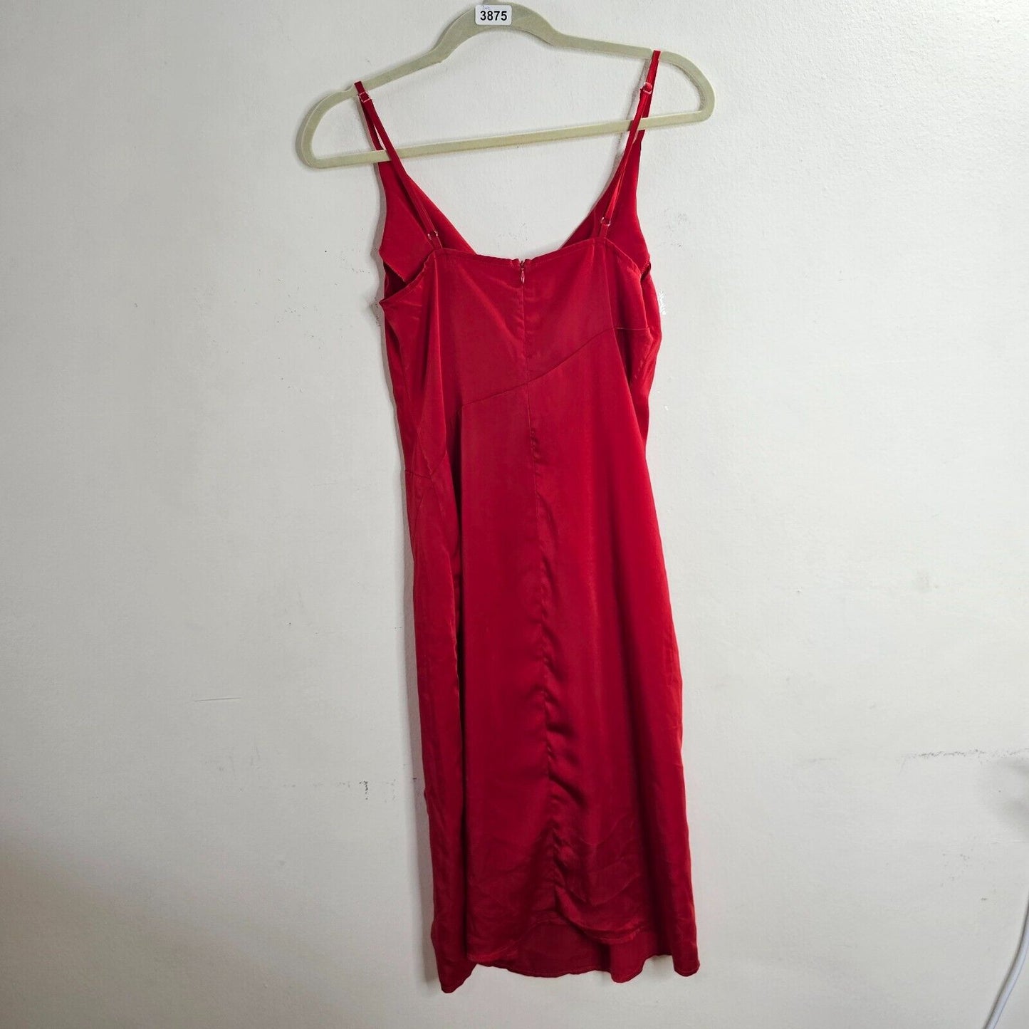 D&M Red Sexy Spaghetti Strap Drape Neck Front Slit Back Zip Satin Dress Small