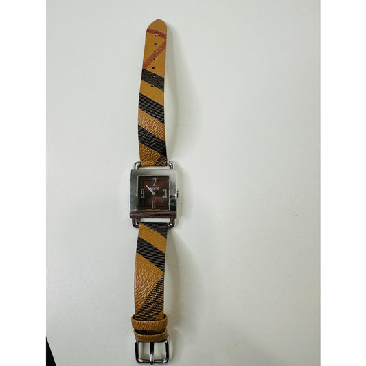 Coach Silver Square Bronze Face Watch Tan Plaid Watchband