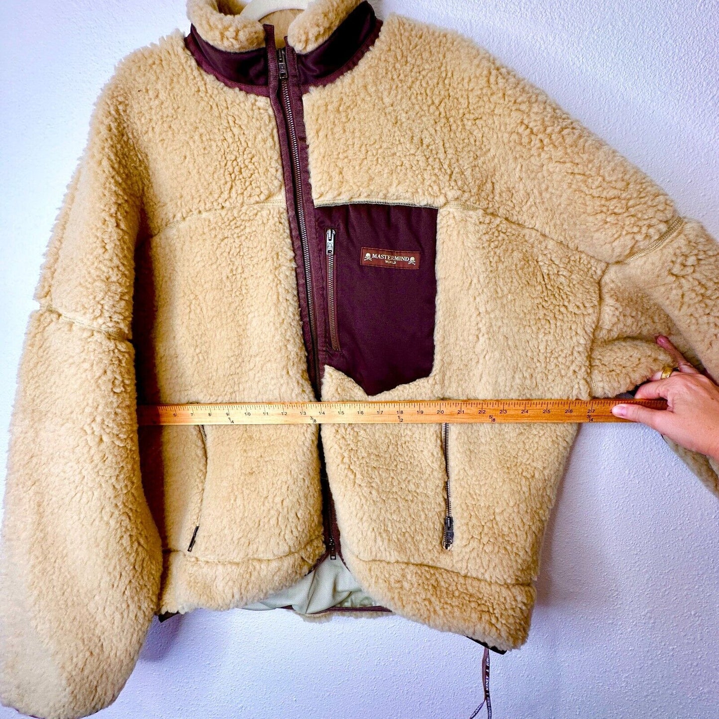 NWT Mastermind World Beige & Brown Cashmere Sherpa Jacket Skull & Crossbone Back