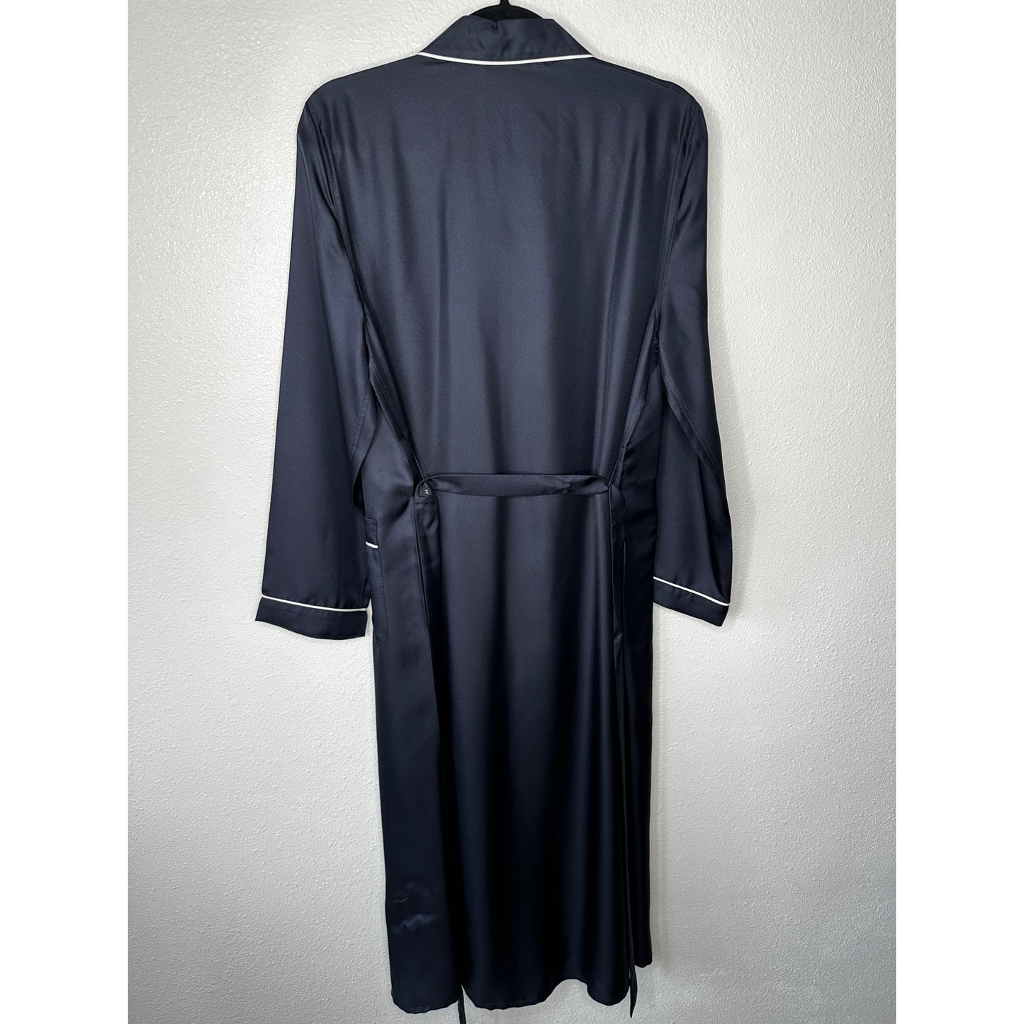 NWT Prada Bleu Black Twill White Trim Long Line Belted Robe Dress 44 / M