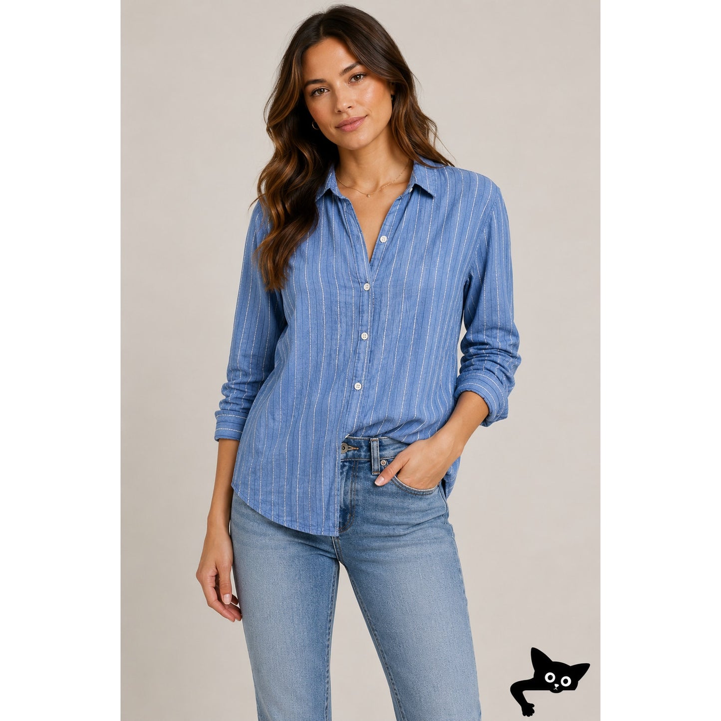 American Colors Denim Blue White Fuzzy Stitch Stripe Button Shirt M