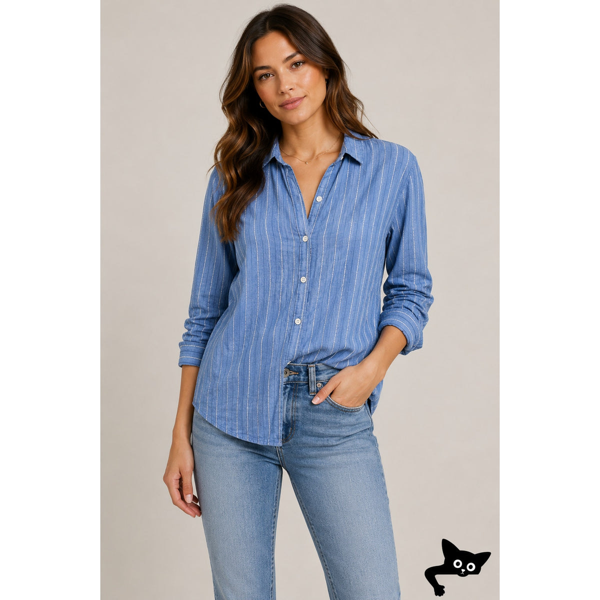 American Colors Denim Blue White Fuzzy Stitch Stripe Button Shirt M