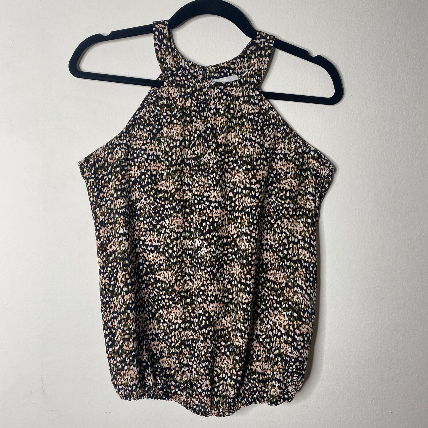 Allison Joy Black Peach Cream & Olive Print Halter Neck Sleeveless Tank Blouse S