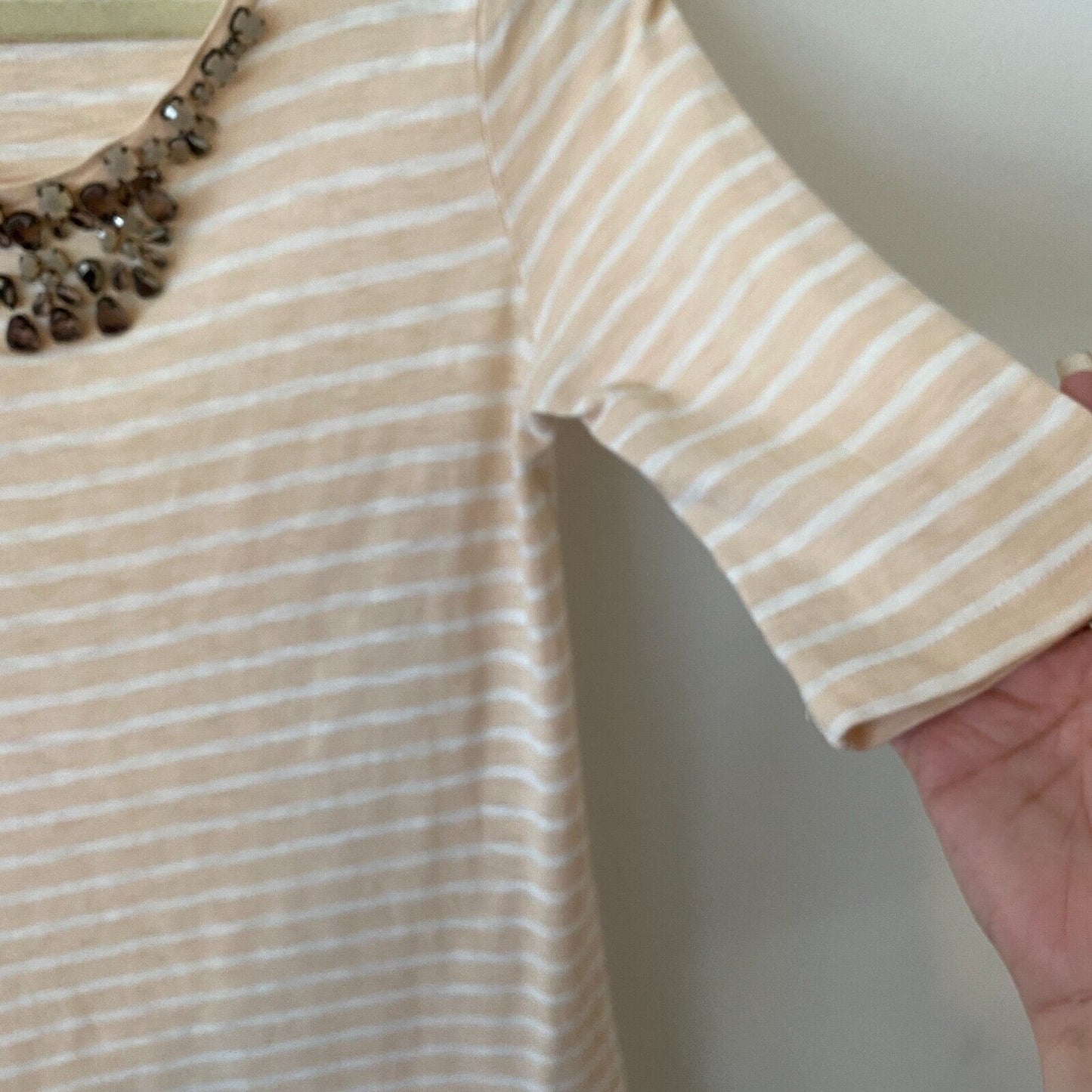 J Crew Jeweled Gem Stone Round Neck Peach and White Striped Painter Tee XS